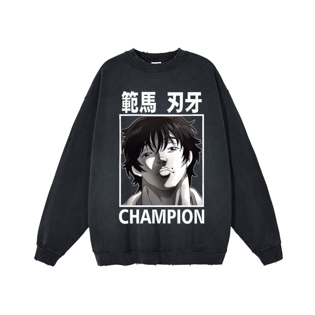 Anime Baki Hanma Washed Sweatshirt Vintage Unisex Crew Neck Sweaters Long Sleeve Harajuku Hip Hop Streetwear - Baki Merch