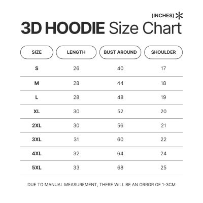 3D Hoodie Size Chart - Baki Merch