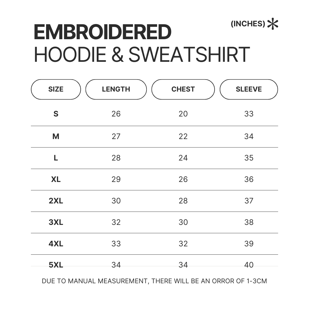 Embroidered Hoodie Sweatshirt Size Chart - Baki Merch