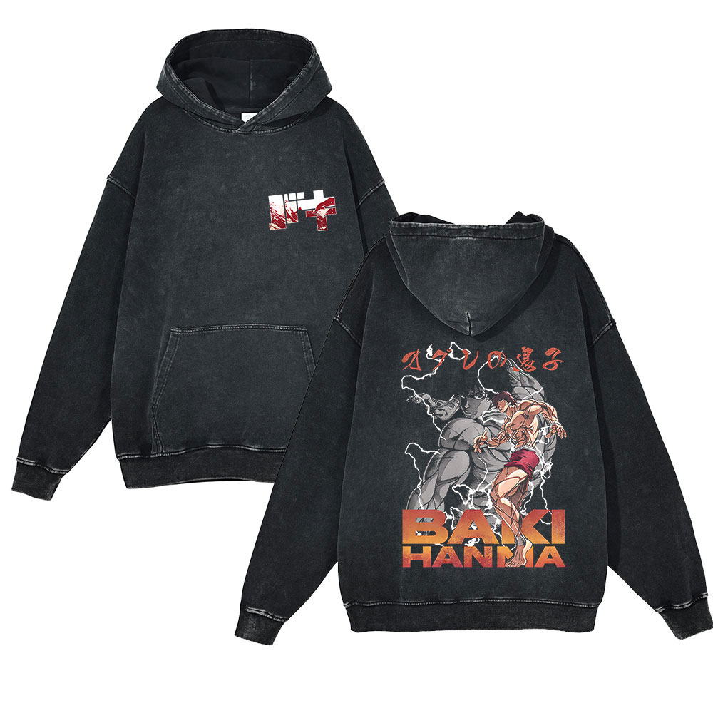 Anime Baki Hoodie Hip Hop Vintage Washed Oversized Hoodies Streetwear Pullover Cotton Baki Hanma Print Sweatshirt - Baki Merch