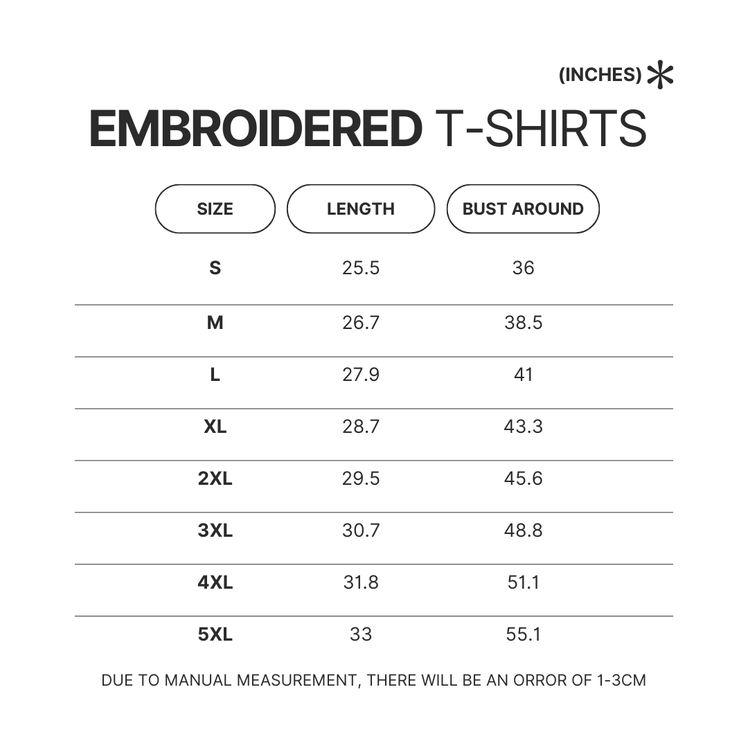 Embroidered T shirt Size Chart - Baki Merch